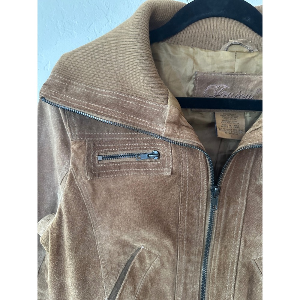 Joujou Brown Suede Leather Bomber Jacket Ribbed Collar Cropped Y2K small/medium - Picture 6 of 16